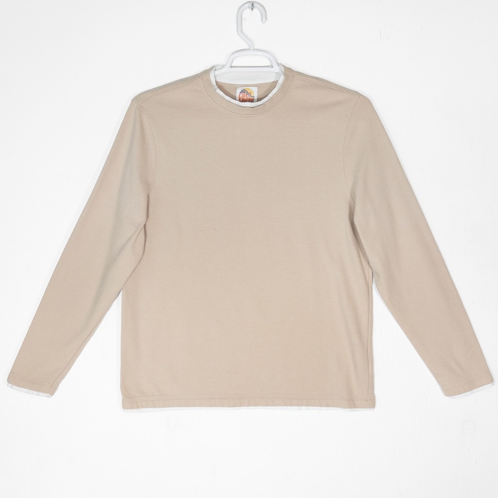 C&C California Tan Ribbed Faux Layered Crew Neck Top Womens L Grunge Coastal